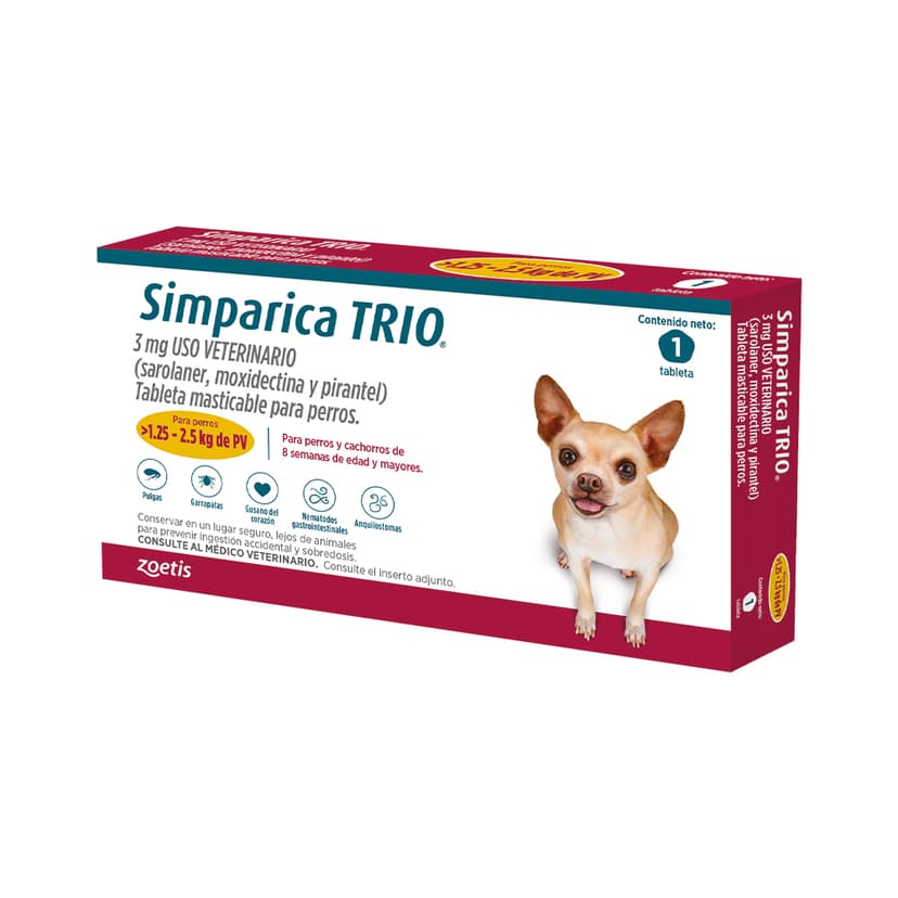 Desparasitante Interno y Externo para perro Simparica Trio (1.25 Kg - 2.5 K)g 1 Tableta