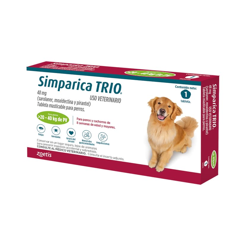 Desparasitante Interno y Externo para perro Simparica Trio (20 Kg - 40 Kg) 1 Tableta