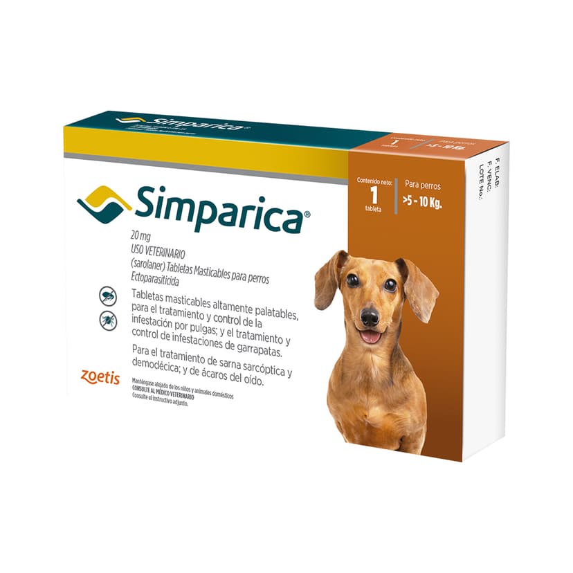 Desparasitante Externo para perro Simparica 20 Mg (5 a 10 kg) Caja 1 Tableta