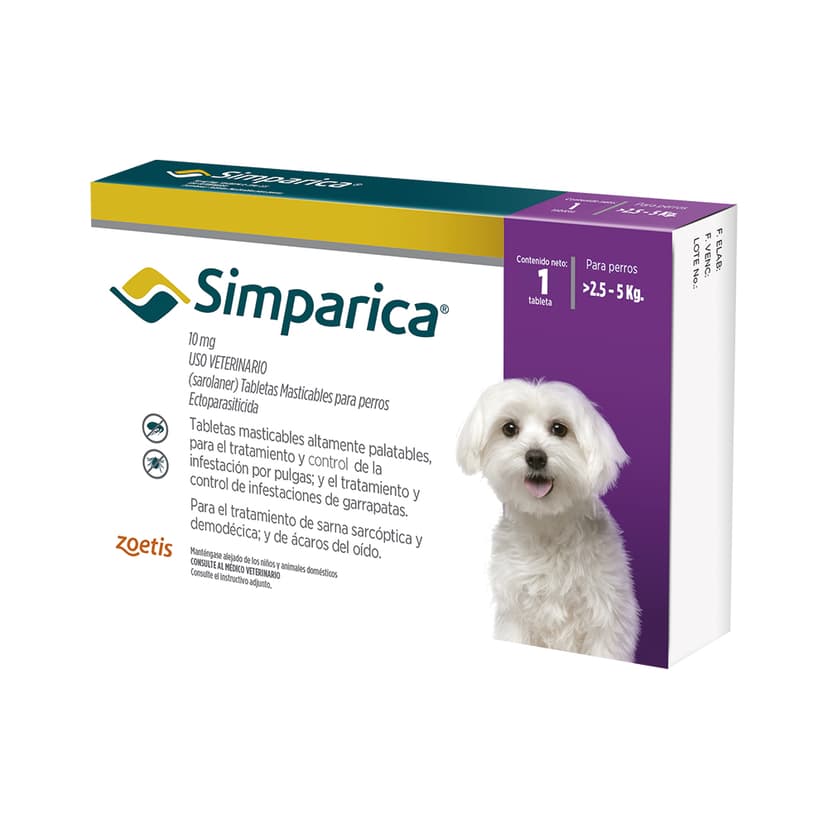 Desparasitante Externo para perro Simparica 10 Mg (2,5 a 5 kg) Caja 1 Tableta
