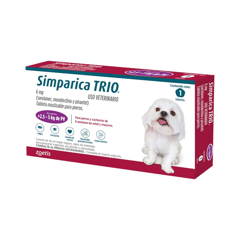 Desparasitante Interno y Externo para perro Simparica Trio (2.5 Kg - 5 Kg) 1 Tableta